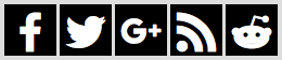 Facebook, Twitter and other social icons in white on square black backgrounds.